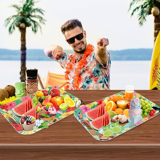gisgfim 2Prs Summer Floral Serving Trays with Handles 16 x 11Inch Large Melamine Tray Rectangular Hawaiian Luau Serving Platter Aloha Tropical Tray Melamine Dishes for Serving Food Outdoor Party Plate