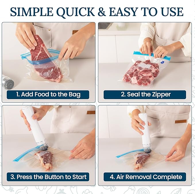 Food Vacuum Sealer Bags – 15 Pack Reusable Bags with Leakproof Zip Seal & Air Valve – Microwave, Freezer & Reusable Sous Vide (Medium)