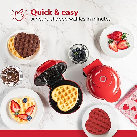 Holstein Housewares Personal Non-Stick Heart Waffle Maker, Red - 4-inch Waffles in Minutes, Mini Heart Ideal for Breakfast, Brunch, Lunch or Snacks