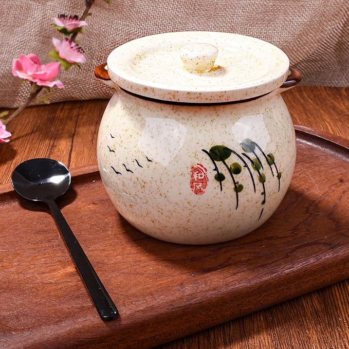 Japanese Willow Pattern Ceramic Sugar Jar & Spice Container with Lid & Stainless Steel Spoon Set – Kitchen Storage, Elegant Sakura Design,Gift