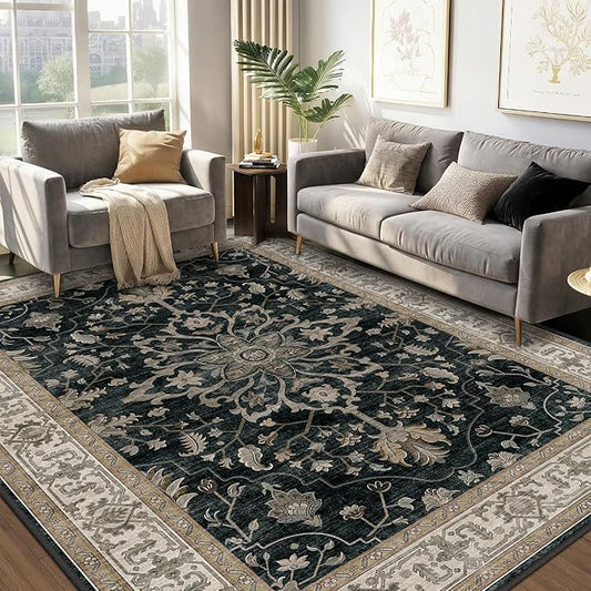 Area Rugs 5'x7' Washable Non-Slip, Floral Vintage Distress Print Pattern Medallion Carpet for Living Room Bedroom Dining Room, Vintage Black Brown Neutral