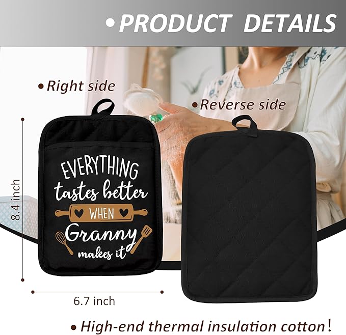 Granny Gifts Pot Holders with Pockets, Grandma Kitchen Gifts, Everything Tastes Better When Granny Makes It Pot Holders Heat Resistant Oven Mitts Hot Pads for Kitchen Baking Cooking