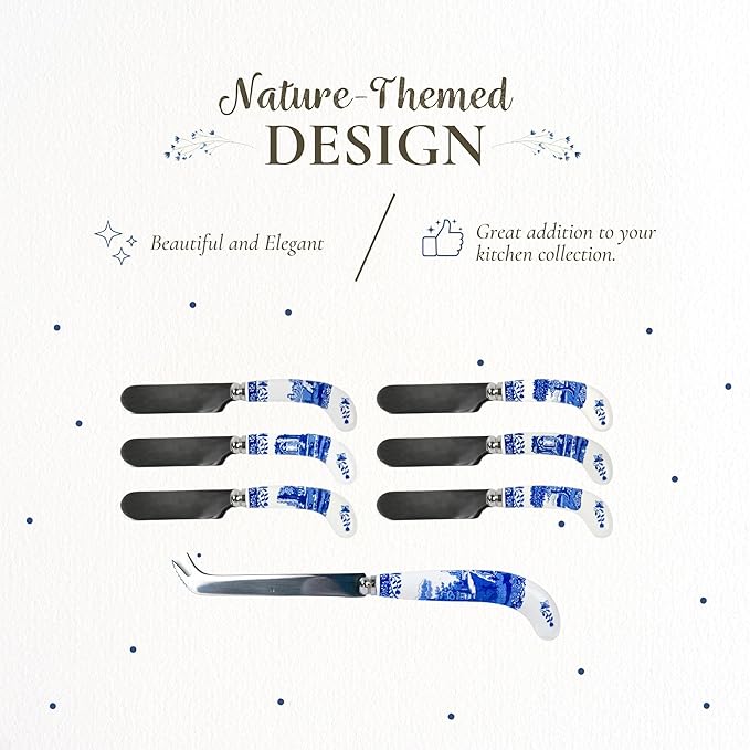 Spode Blue Italian Cheese Knife and 6 Spreaders, Stainless Steel with Porcelain Handle, 4.75 Inches, Jam Spreader, Butter, and Pastry Knife