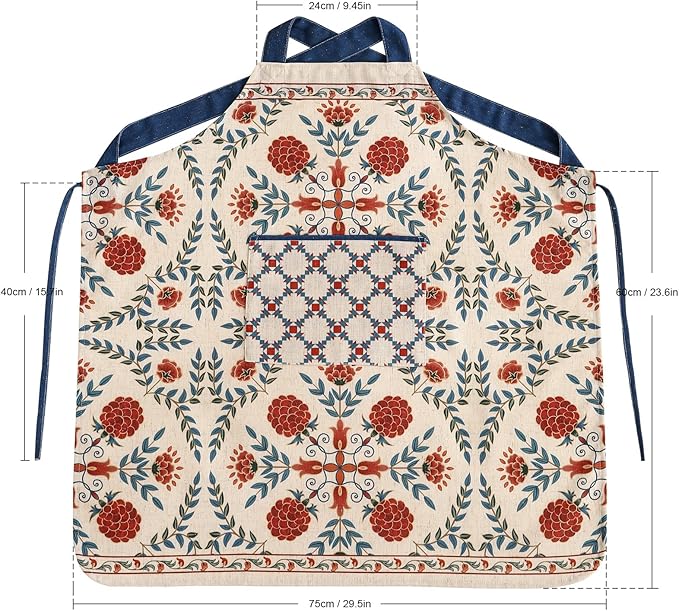 patdrea Blue Floral Linen Apron with Pocket,French Kitchen Garden Chef BBQ Aprons for Women and Men,Crisscross Back Straps