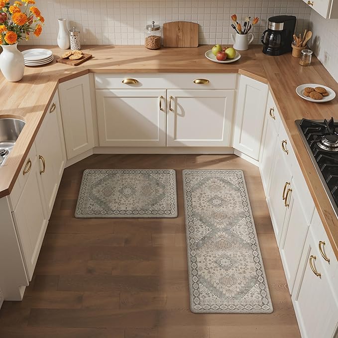 GENIMO Kitchen Mats for Floor, 2PCS Kitchen Rugs Non Slip Washable, Waterproof Anti Fatigue Mat, Comfort Standing Runner Rug for Sink, Office, Laundry, Home, 17.3"x47"+17.3"x30", Brown