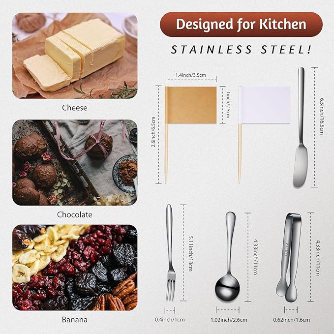 Patelai Charcuterie Boards Accessories Charcuterie Utensils Set Cheese Butter Spreader Knives Stainless Steel Mini Serving Tongs Spoons Forks and Toothpick Flags for Appetizers Pastry(Black)