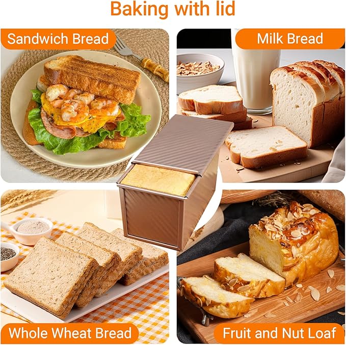 2 Ps Pullman Loaf Pan with Lid, 2.2lb Nonstick Carbon Steel Bread Pan for Sandwich & Sourdough, Rectangular Corrugated Toast for Oven Baking, Heavy Duty, Send Goods from Local Warehouse (Gold 13x4)