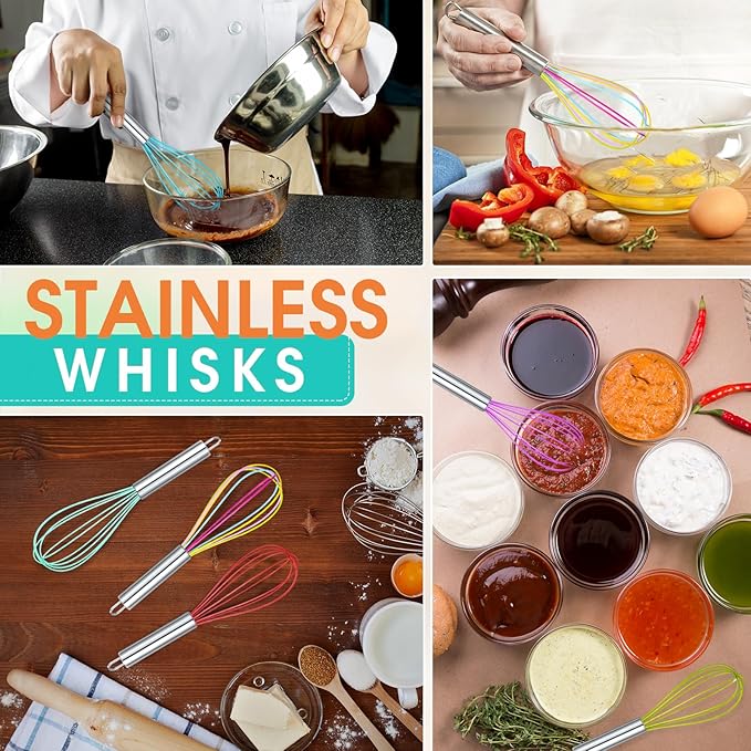 Domensi 24 Pcs 8 Inch Whisks Bulk for Cooking Silicone Whisks Non Scratch Stainless Steel Egg Beater Colorful Coated Metal Heat Resistant Egg Beaters for Valentines Day Party Favor Gift Supplies