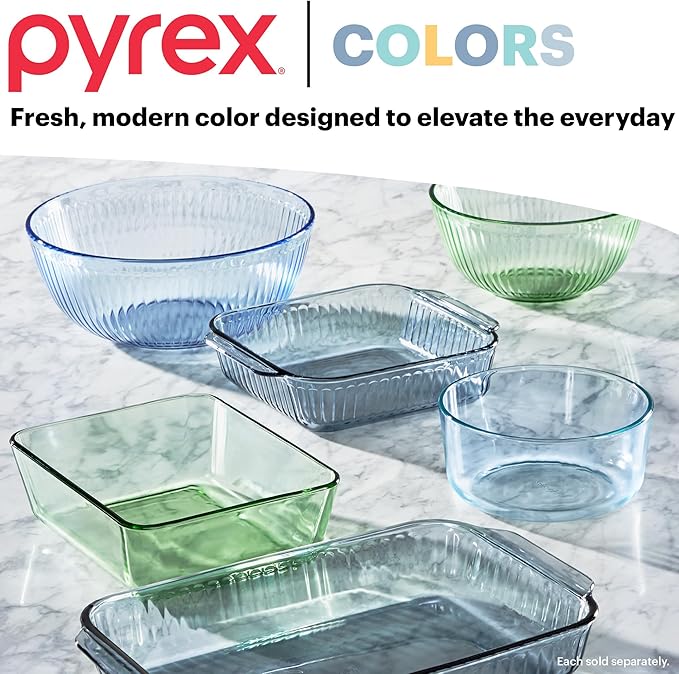 Pyrex Colors Tinted (3-Pack, Full Set) Sculpted Tinted Glass Mixing Bowls With Lids, Nesting Space Saving Set of Bowls For Prepping and Baking, 1.3QT, 2.3QT & 4.5Q