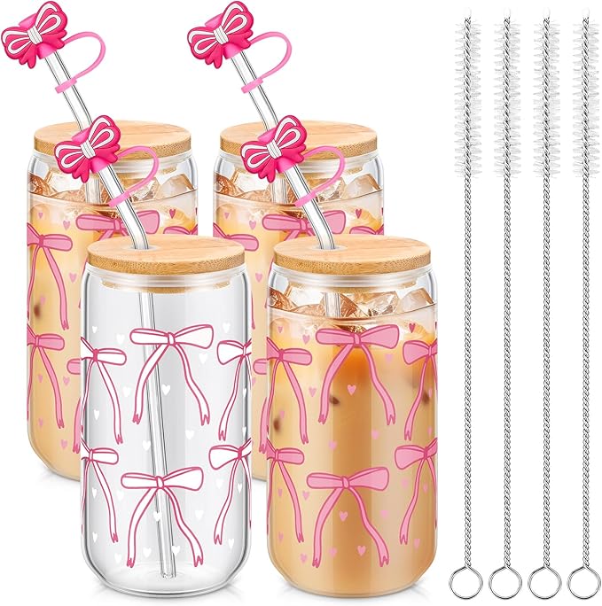 Skylety 4 Pcs Color Changing Glass Cups, 16 oz Cute Coquette Pink Bow Iced Coffee Tumblers with Lids and Straws Reusable Drinking Glasses Jars Cute Gifts for Girls