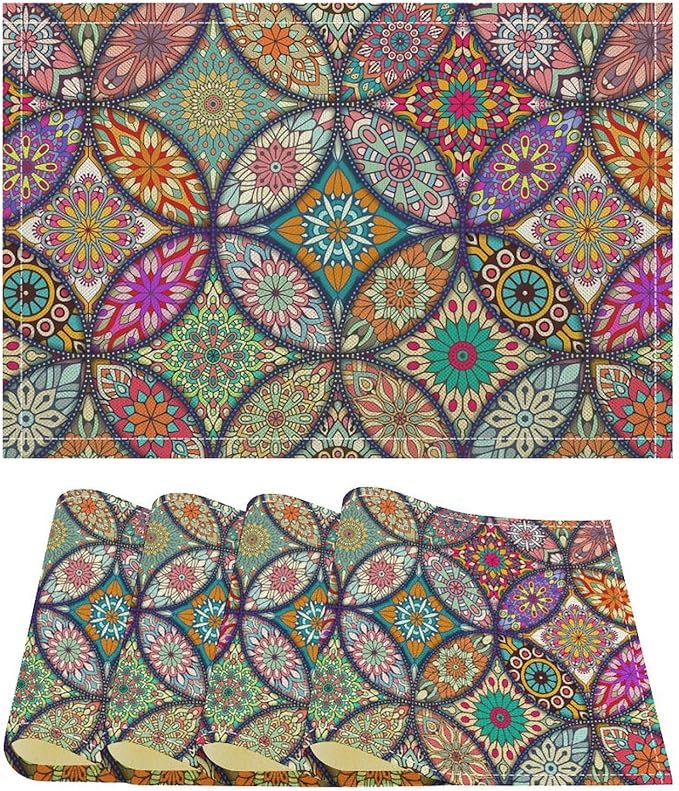 Boho Mandala Placemats Set of 4 Vintage Bohemia Flower Art Printed Dining Table Mats for Restaurant Home Kitchen Holiday Picnic Party Decor 12x18in