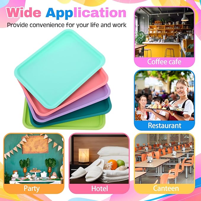 Mumufy Plastic Fast Food Trays Bulk Colorful Restaurant Serving Trays Cafeteria Rectangular Plastic Serving Platter Grill for Kitchen Restaurant Coffee(Bright Color,12 Pcs)
