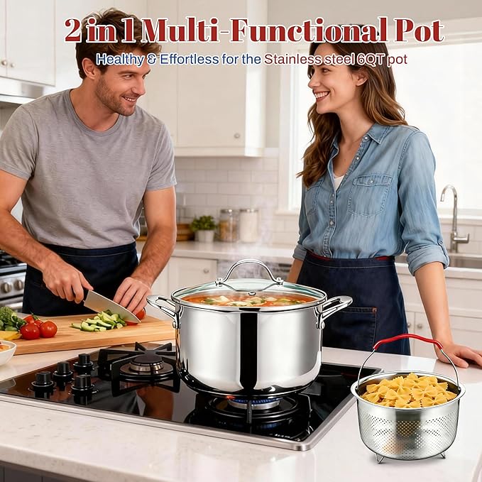 AOSION 6 Quart Stainless Steel Stock Pot with Deep Fryer Basket, 6QT Large Stockpot with Glass Strainer Lid,Ollas De Cocina for Spaghetti, Pasta Pot with Strainer,Compatible with All Cooktops.