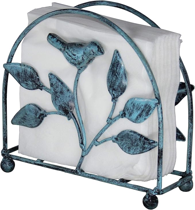 Set of 2 Cast Iron Bird & Tree Classic Napkin Holder/Tabletop Freestanding Tissue Dispenser, Turquoise