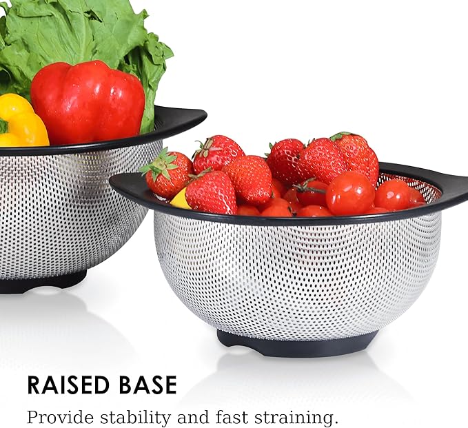 Rorence Colander Set, Stainless Steel Colanders with Non Slip Silicone Handles & Base, 2.5 & 4.3 Qt Dishwasher Safe Colander for Kitchen, Pasta, Vegetables, Fruits, Home Cooks & Families
