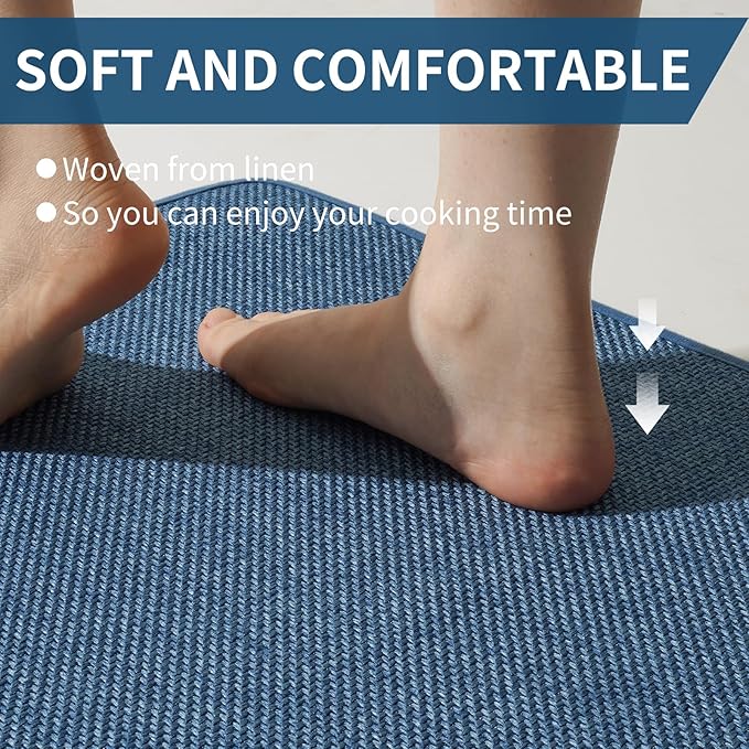 Kitchen Mats for Floor, Super Absorbent Kitchen Rugs Non Slip Washable, Soft Imitation Linen Braided Kitchen Runner Rug, Standing Mat Kitchens Sink Mat, Easy to Clean, Blue 17x95