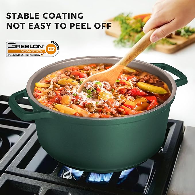 INSETFY Large Dutch Oven Pot with Lid-7.5QT Cast Aluminum Oven Pot with Two Handles Lightweight for Bread Baking Braising and Roasting(Green)