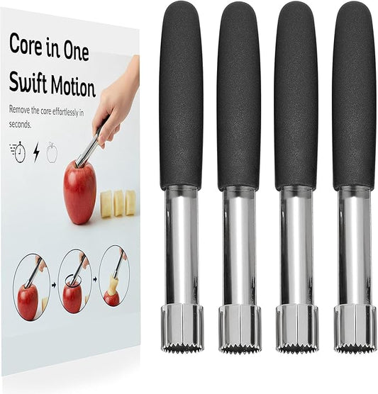 Premium Apple Corer Tool 4 Pack – Boxiki Kitchen Stainless Steel Apple Core Remover, Fruit Corer for Pears, Cucumbers, Cupcakes & More – Dishwasher Safe