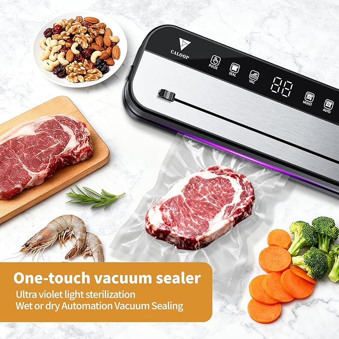 CALOOP Food Vacuum Sealer Machine with 20 Seal Bags, 80 Kpa Powerful Food Saver for Kitchen Storage, Dry/Moist Modes, Digital Countdown Timer, Compact Lightweight, Build-in Cutter