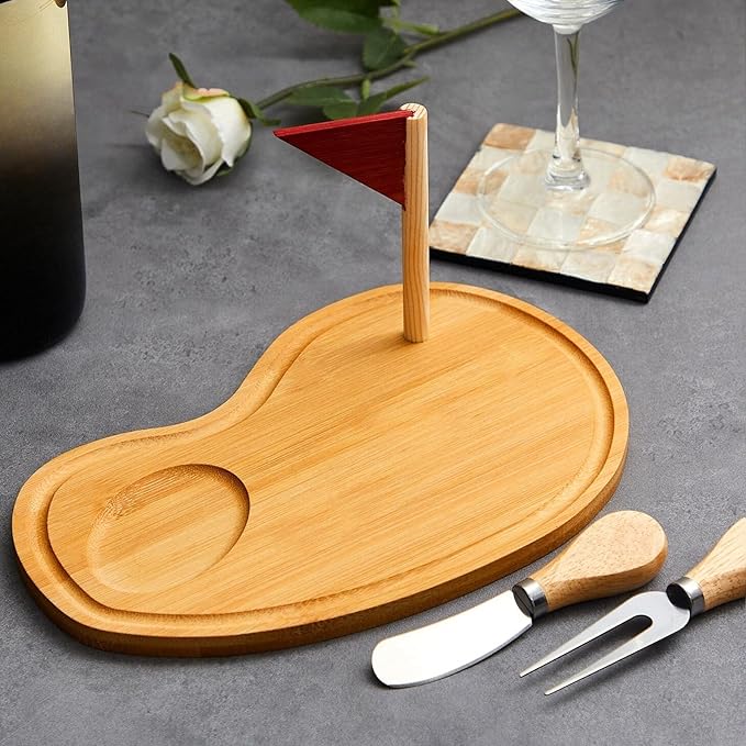 Ziliny Golf Cheese Board Gift Set Party Favor Prizes Charcuterie Wood Board with Knives and Box Father Day Gift for Dad Grandpa Party Tournament Game (9.8" x 7.7", Bamboo Color)