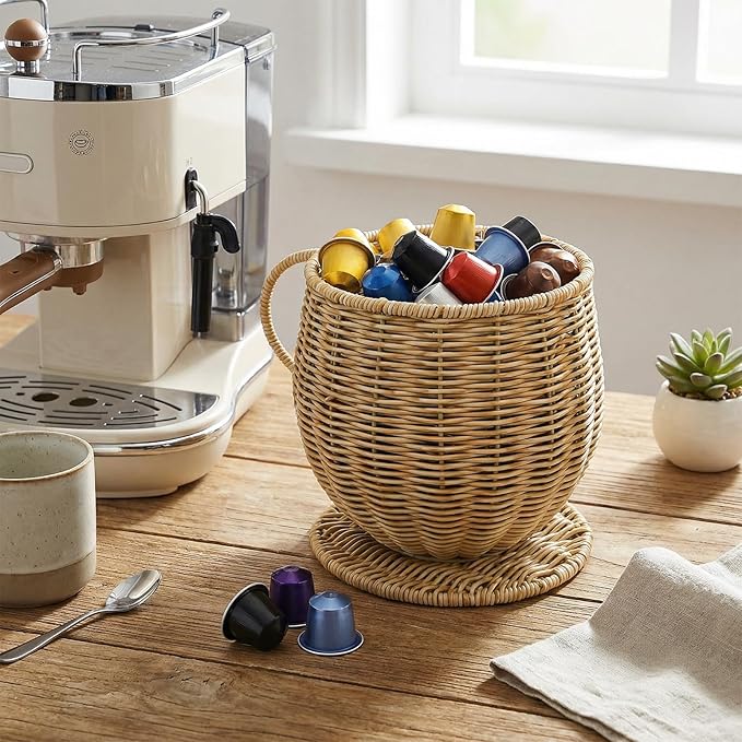 Coffee Pod Basket, Large Capacity Coffee Pod Container with Handle, Handwoven K Cup Holder Capsule Storage for Counter, Home, Office, Coffee Bar