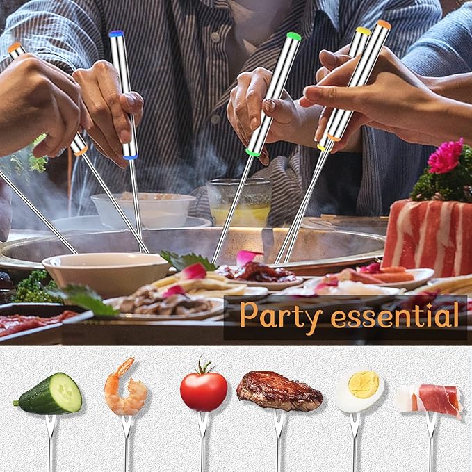 18 PCS Fondue Forks Stainless Steel,9.3inch Color Coding Cheese Fondue Forks with Heat Resistant Handle,Fondue Sticks for Chocolate Fountain Dessert Meat Barbecue Roast Marshmallows,6 color