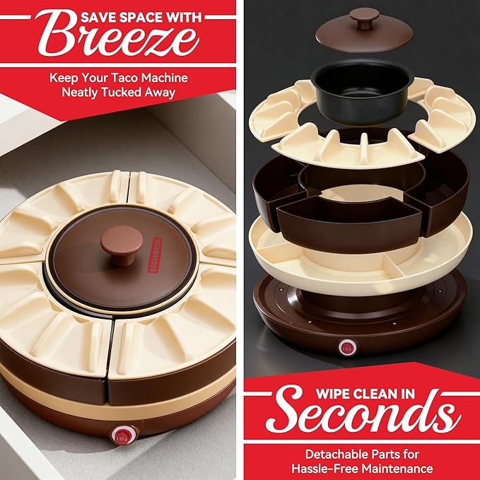 Lazy Susan Taco Bar & Condiment Containers with Lids, 4 Taco Holders for Taco Tuesday Kit, Fondue Pot for Taco Bell Sauce, Burritos, Nachos, and Fajitas, Brown