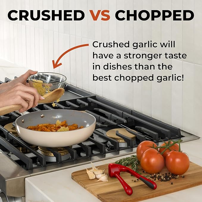 Zulay Kitchen Premium Garlic Press - Durable Garlic Masher with Soft, Easy to Squeeze Handle - Garlic Mincer Tool - Sturdy Easy to Clean Garlic Crusher (Red)