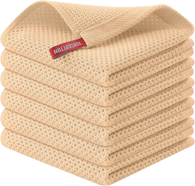 Kitinjoy 100% Cotton Kitchen Dish Cloths, 6 Pack Waffle Weave Ultra Soft Absorbent Dish Towels for Drying Dishes Quick Drying Kitchen Towels Dish Rags, (12" x 12", Apricot)