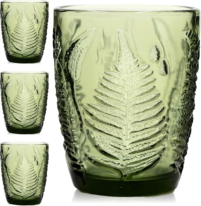 Vintage Green Drinking Glasses Set of 4, 10 oz Deep Textured Glass Cups, Fern Embossed Retro Glassware, Hand-Pressed Decorative Cocktail Tumblers, Boho Style Colored Drinkware Gift Set for Home & Bar