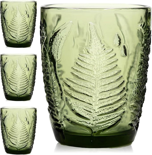 Vintage Green Drinking Glasses Set of 4, 10 oz Deep Textured Glass Cups, Fern Embossed Retro Glassware, Hand-Pressed Decorative Cocktail Tumblers, Boho Style Colored Drinkware Gift Set for Home & Bar