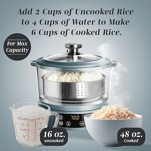 COOK WITH COLOR 3L Glass Mini Low Carb Rice Cooker – Holds 2 Cups Raw/Makes 6 Cups Cooked with Auto Lift Filter Basket, Hotpot & Steamer for Rice, Grains, Digital Panel with Keep Warm, Slate Blue