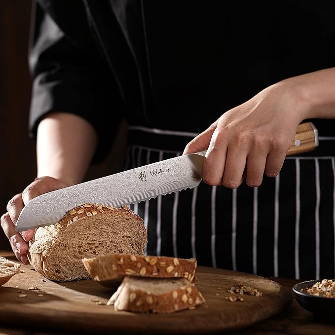 Wakoli Oribu Bread Knife – Full Tang Damascus Knife | 8-Inch Serrated Blade Made of 67-Layer Damascus Steel with AUS-10 Core | Ergonomic Olive Wood Handle | Professional Quality & Sharpness