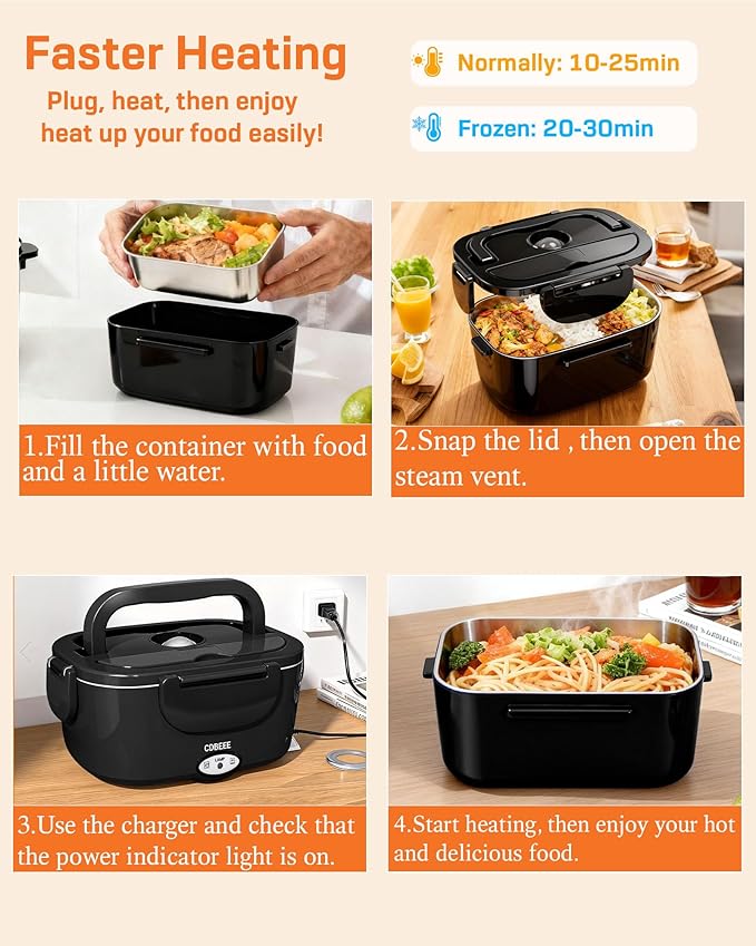 Electric Lunch Box Food Heater - 80W Fast Heating, 1.5L Heated Lunch Box Leak-Proof 304 Stainless Steel Portable Food Warmer, (12V/24V Car/Truck & 110V Home), Ideal for Work/Travel（Black）