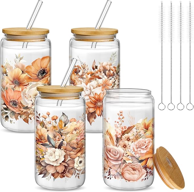 Mumufy Gift for Women Cute Glass Cup Tumbler Flower Iced Coffee Mugs 16 oz Glass with Bamboo Lid & Straw, Mothers Day Birthday Gift for Mom Sister Bridesmaid Baby Shower(4 Pack, Brown Flower)