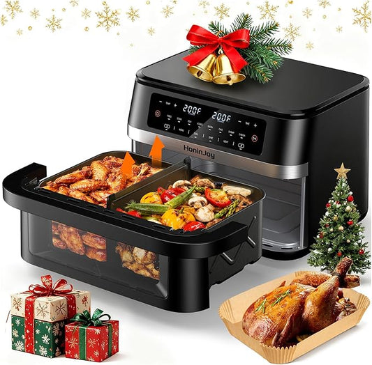 HoninJoy 12QT Large Dual Basket Air Fryer with Flex Basket, Viewing Window and 50PCS Paper Liners, 12-in-1 Family Size with Sync & Dual & Light, Double Zone for Bake, Roast, Reheat, Dishwasher Safe