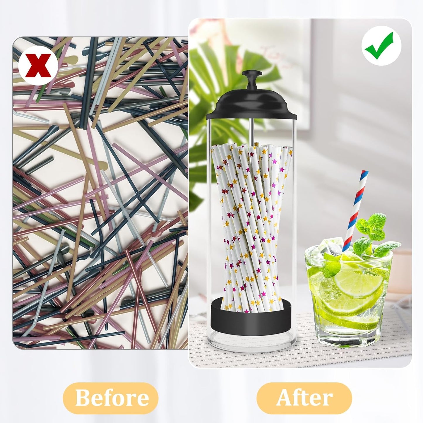 Straw Holder for Standard Size Drinking Straws, Acrylic Plastic Straw Dispenser for Counter with Lid Black - Pack of 2(Straws Not Include)