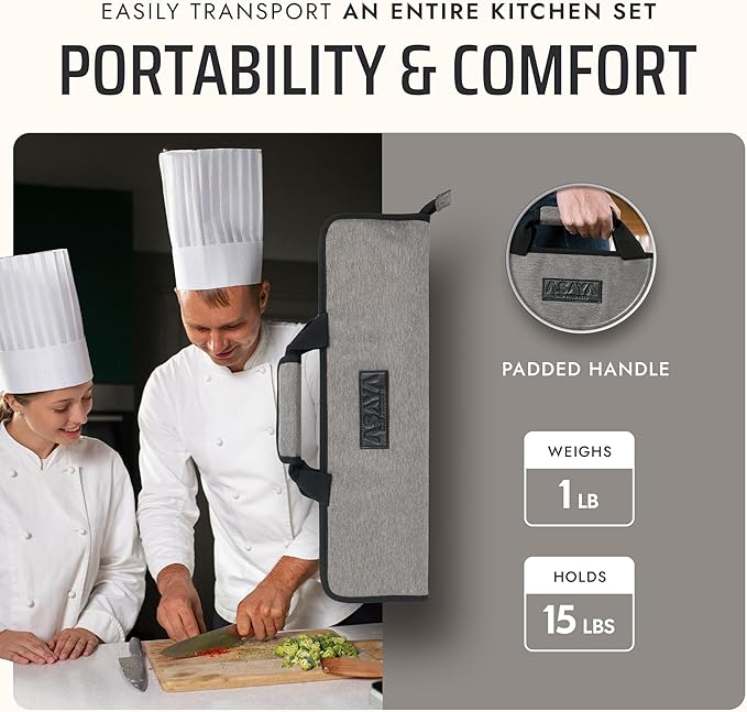 Asaya Chef Knife Roll Bag - 12 Pockets for Knives and Kitchen Utensils - Lightweight, Durable, and Stain Resistant Nylon - Perfect for the Traveling Chef - Knives not Included