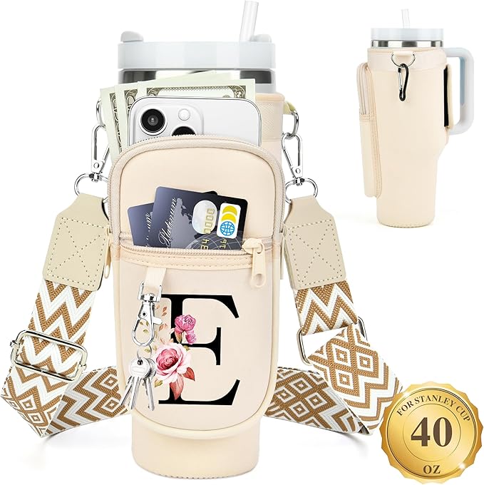 LOKASS Personalized Water Bottle Holder with Strap for Stanley Cup Accessories 40 oz Tumbler, Initial Water Bottle Carrier Bag/Phone Pocket, Mother's Day/Birthday Gifts for Women/Girls