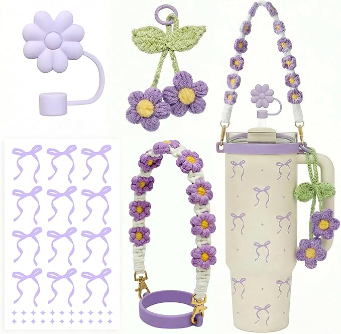 Water Bottle Accessories for Stanley Cup 40 oz 30 oz Tumbler, Including Handle Strap, Silicone Straw Topper Cover, Charm, Original Bow Sticker, Cute Birthday Gifts for Women Her Mom Daughter (Lilac)