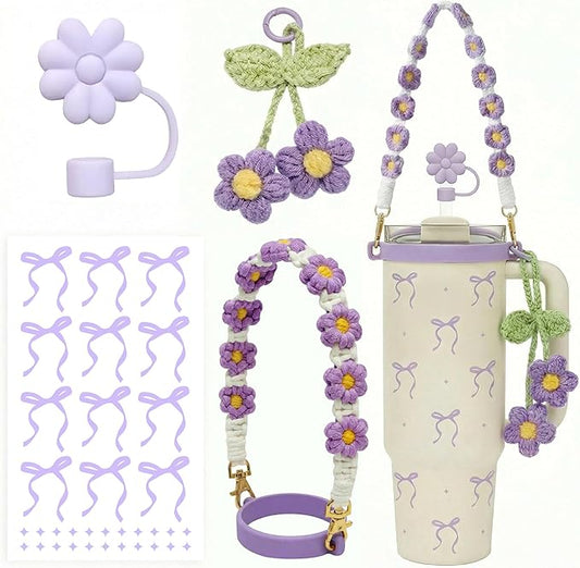 Water Bottle Accessories for Stanley Cup 40 oz 30 oz Tumbler, Including Handle Strap, Silicone Straw Topper Cover, Charm, Original Bow Sticker, Cute Birthday Gifts for Women Her Mom Daughter (Lilac)