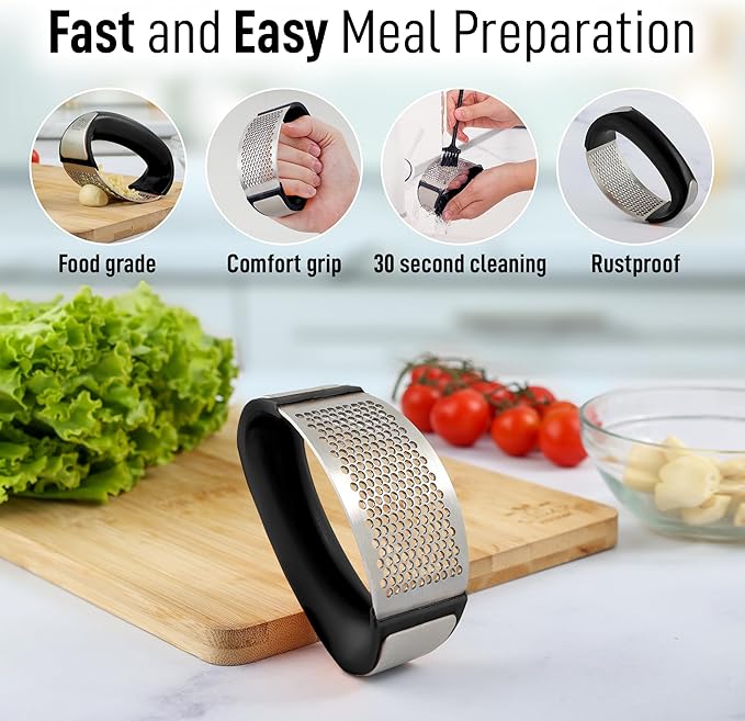 Zulay Stainless Steel Garlic Press Rocker Set - Premium Garlic Mincer Garlic Crusher - New Innovative Garlic Crusher with Peeler and Scraper - Comfortable Grip (DeepBlack)