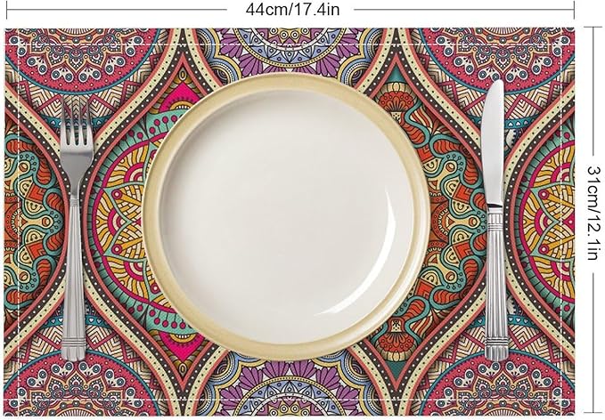 Boho Mandala Placemats Mexican Ethnic Traditional Pattern with Geometric Plaids Abstract Flower Set of 4 for Restaurant Home Kitchen Holiday Picnic Party Decor 12x18in