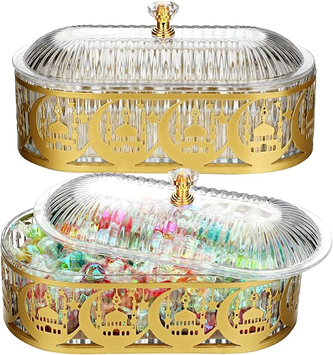 2 Pcs Ramadan Trays with Lid Eid Mubarak Gold Plates Dishes Table Decoration Muslim Islamic Serving Trays Metal Dessert Storage Container for Celebration (Ramadan Moon)