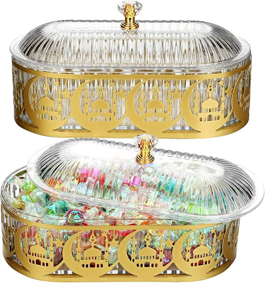 2 Pcs Ramadan Trays with Lid Eid Mubarak Gold Plates Dishes Table Decoration Muslim Islamic Serving Trays Metal Dessert Storage Container for Celebration (Ramadan Moon)