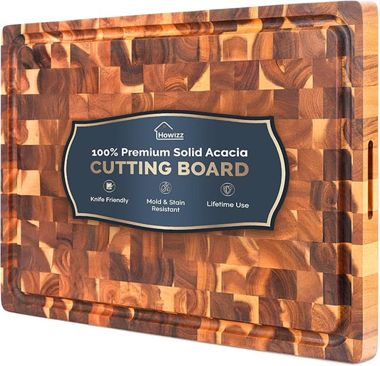 Howizz Acacia Wood Large Cutting Board, Thick End Grain Solid Wood Butcher Block For Kitchen, Non Toxic Pre-Oiled Carving Tray w/Juice Grooves and Easy Grip Handle, 20"x15"x1.5" (Gift-Ready Box)