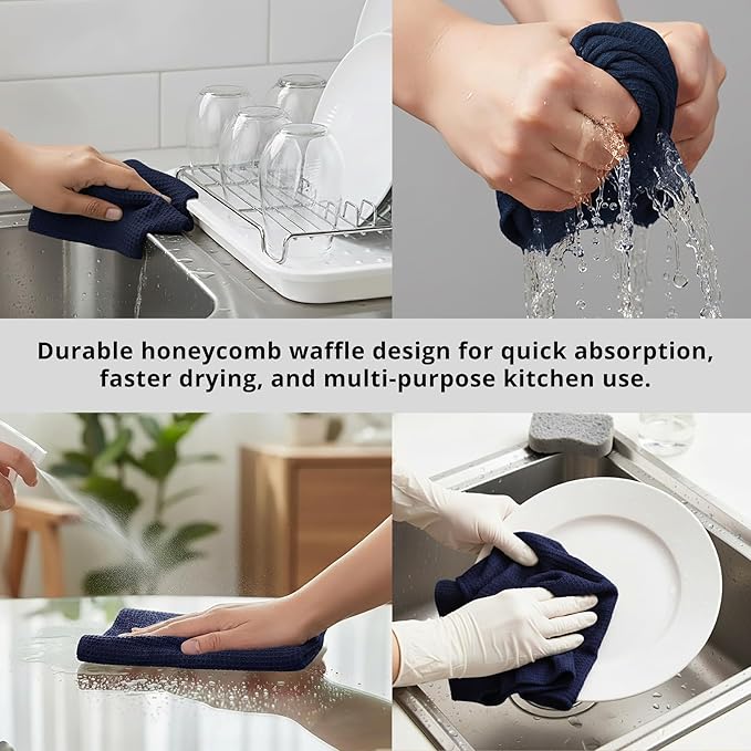 PurpleEssences Dish Cloths and Dish Rags - 8 Pack Waffle Weave Solid Kitchen Dish Wash Cloths, 100% Cotton, 12 x 12 Inches, Ultra Soft Absorbent Quick Drying - Christmas Holiday Winter - Navy Blue