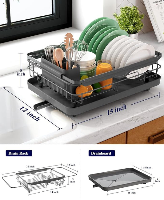 Kitsure Dish Drying Rack for Kitchen Counter, Stainless Steel Sink Organization and Storage Essentials with Cutlery Holder, Home and Appartment Decor, 12.2''W x 15.7''~23''L, Grey