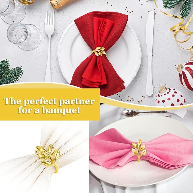 30 Pcs Gold Leaf Napkin Rings Set,Metal Napkin Ring Holders Buckles for Table Decorations, Napkin Holders for Cloth Napkins Adornment for Wedding,Christmas,Dinner, Party (Gold, One Size)