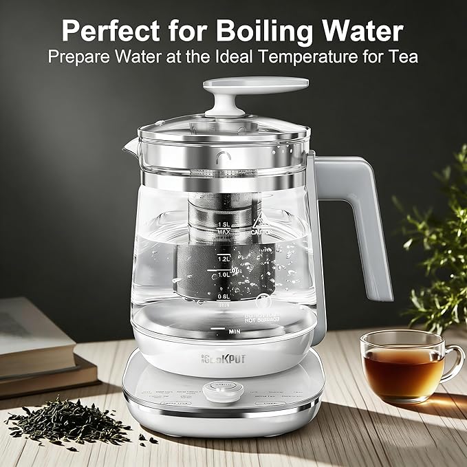 1200w Electric Kettle, 1.5L Borosilicate Glass tea kettle, Hot water kettle electric for Coffee or Tea, BPA Free, Auto Shut-Off, Stainless Steel, Fast Boil, White